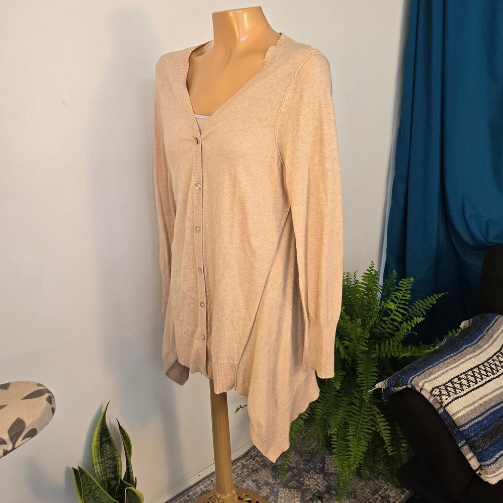 LOGO Lori Goldstein Womens Cardigan Small Beige Sharkbite Hem Cashmere Blend